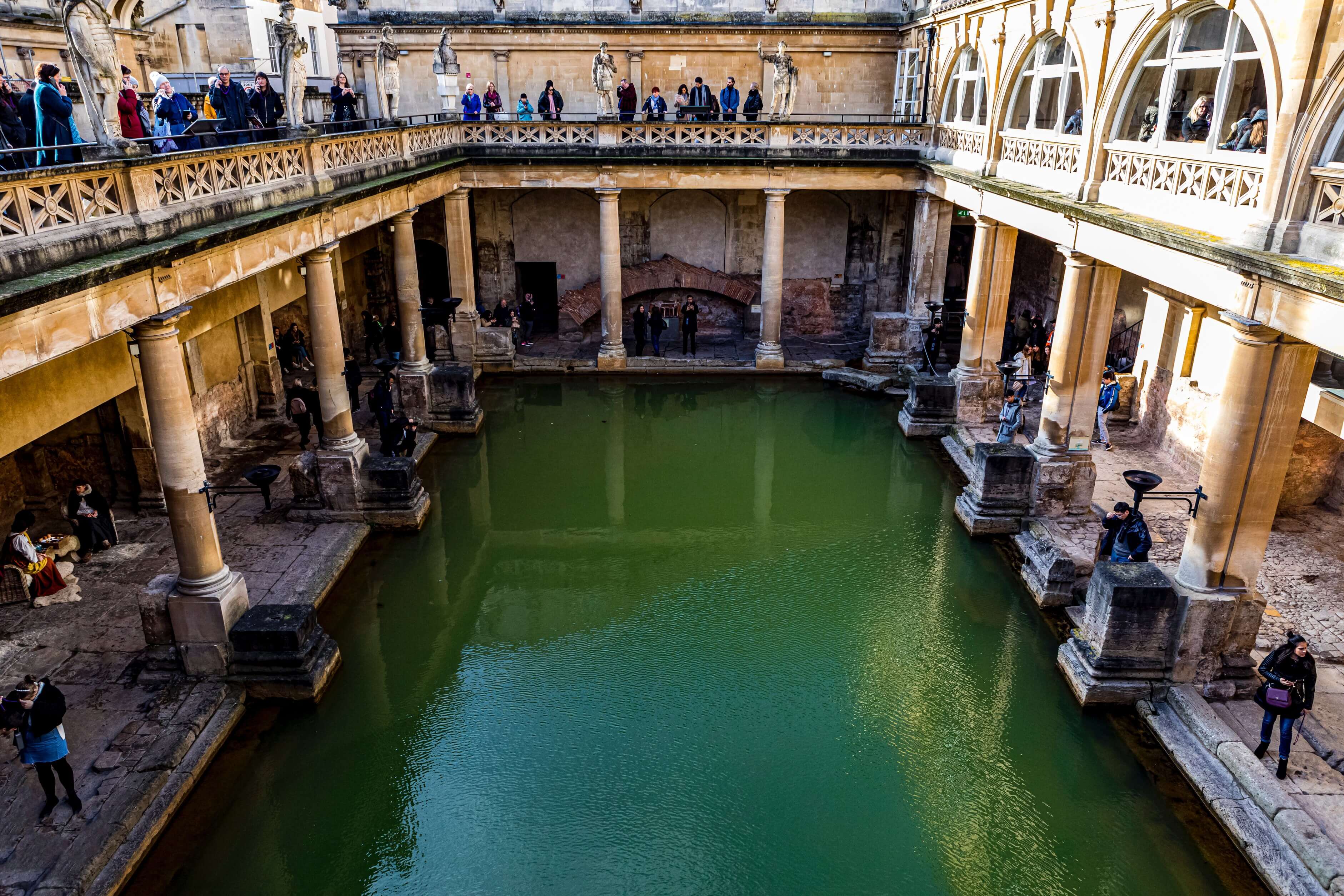 Antique historic landmark Roman Baths in Bath England UK